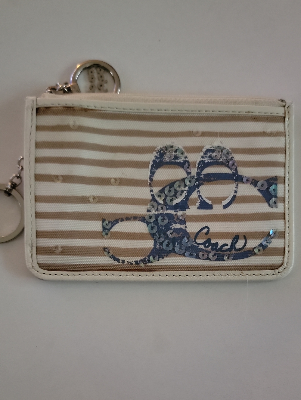 Coach Poppy Beige & White Striped Sequin Logo Card Holder with Key Ring